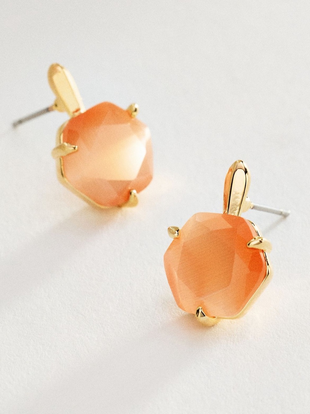 NWT Anthropologie Hexagon Stone Post Earrings in Peachy Opal Orange 14k Gold
